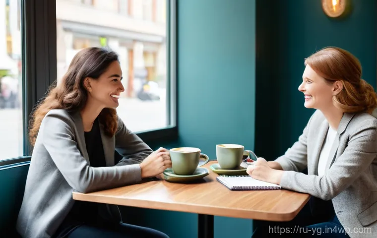 확률적 사고 개발을 위한 네트워킹 기법 - **Prompt 1: Shared Wisdom Over Coffee**
A group of three diverse adults (two women, one man), in...