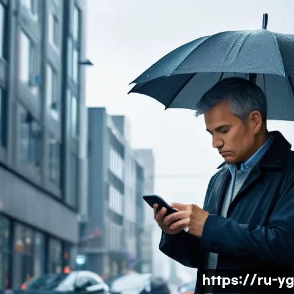 확률적 사고 발전 단계별 접근법 - A modern urban scene depicting a middle-aged man thoughtfully checking a weather app on his smartpho...