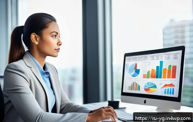 확률적 사고 개발을 위한 이론적 바탕 - A professional businesswoman sitting confidently at a modern office desk, analyzing colorful charts ...