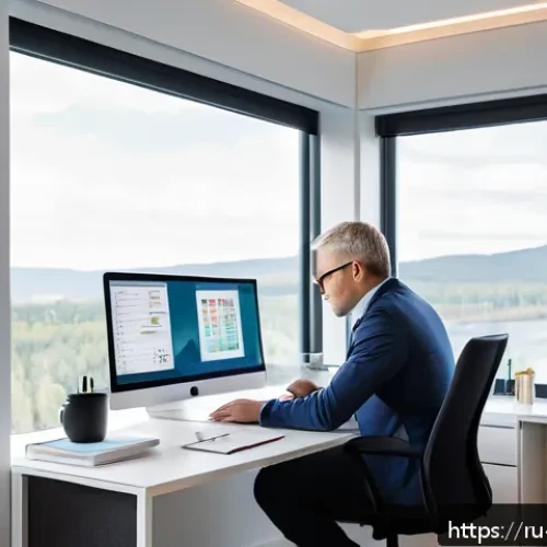 Home 17 확률적 사고 훈련을 위한 시간 관리 - A modern home office scene showing a middle-aged Russian professional thoughtfully analyzing a proba...